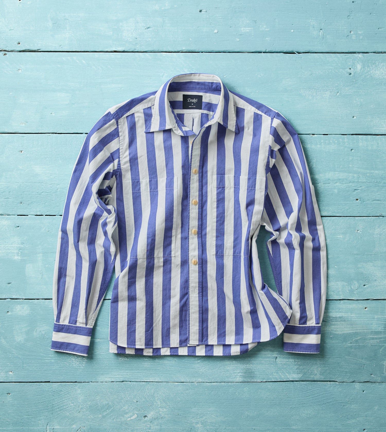 Blue and White Awning Stripe Cotton Long Point Collar Shirt