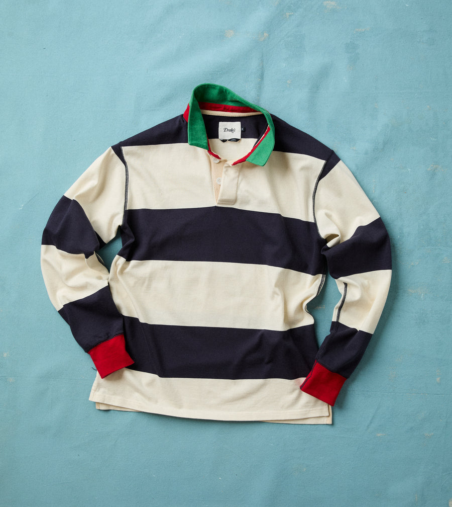 White and Navy Block Stripe Cotton Rugby Shirt