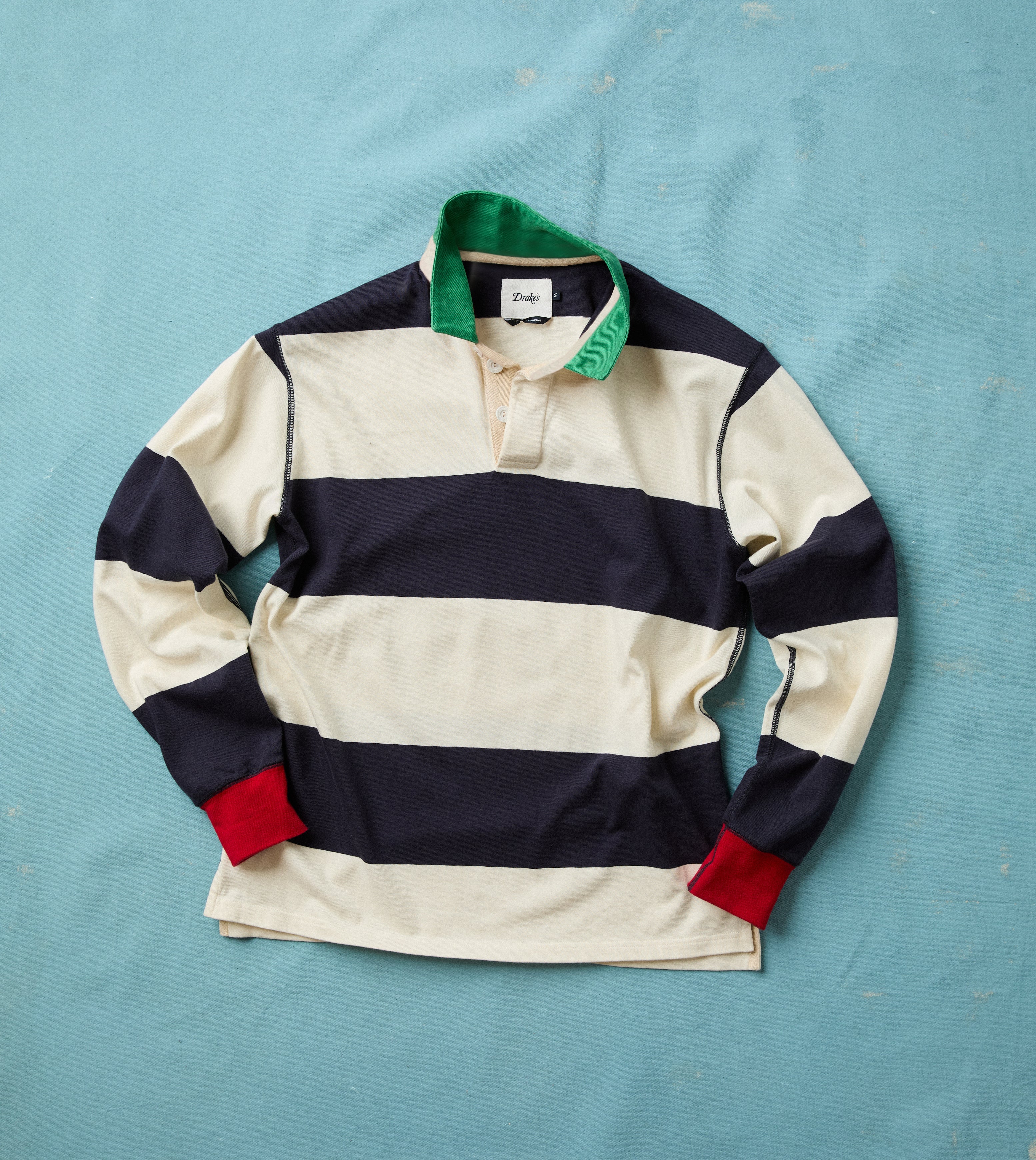 White and Navy Block Stripe Cotton Rugby Shirt