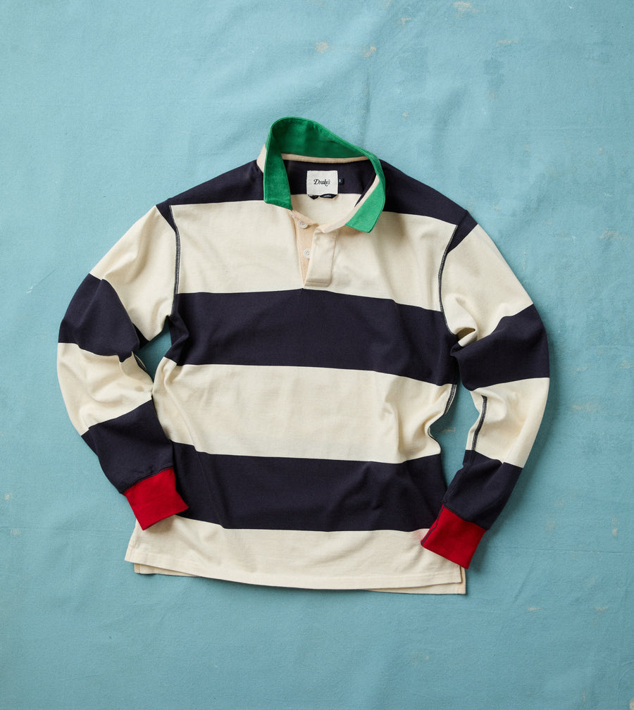 White and Navy Block Stripe Cotton Rugby Shirt