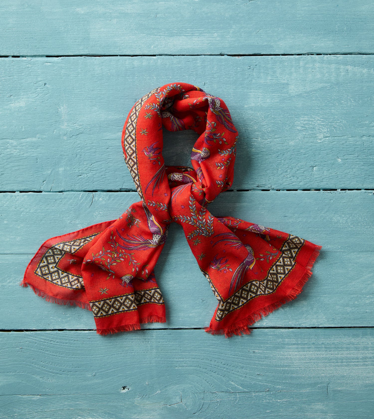 Red Birds of Paradise Print Wool Silk Scarf