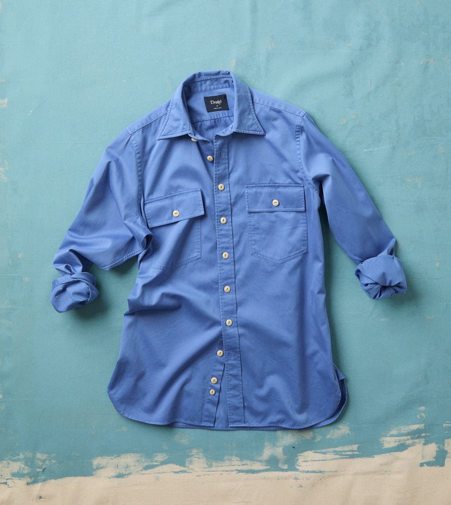Blue Cotton Long Point Collar Work Shirt