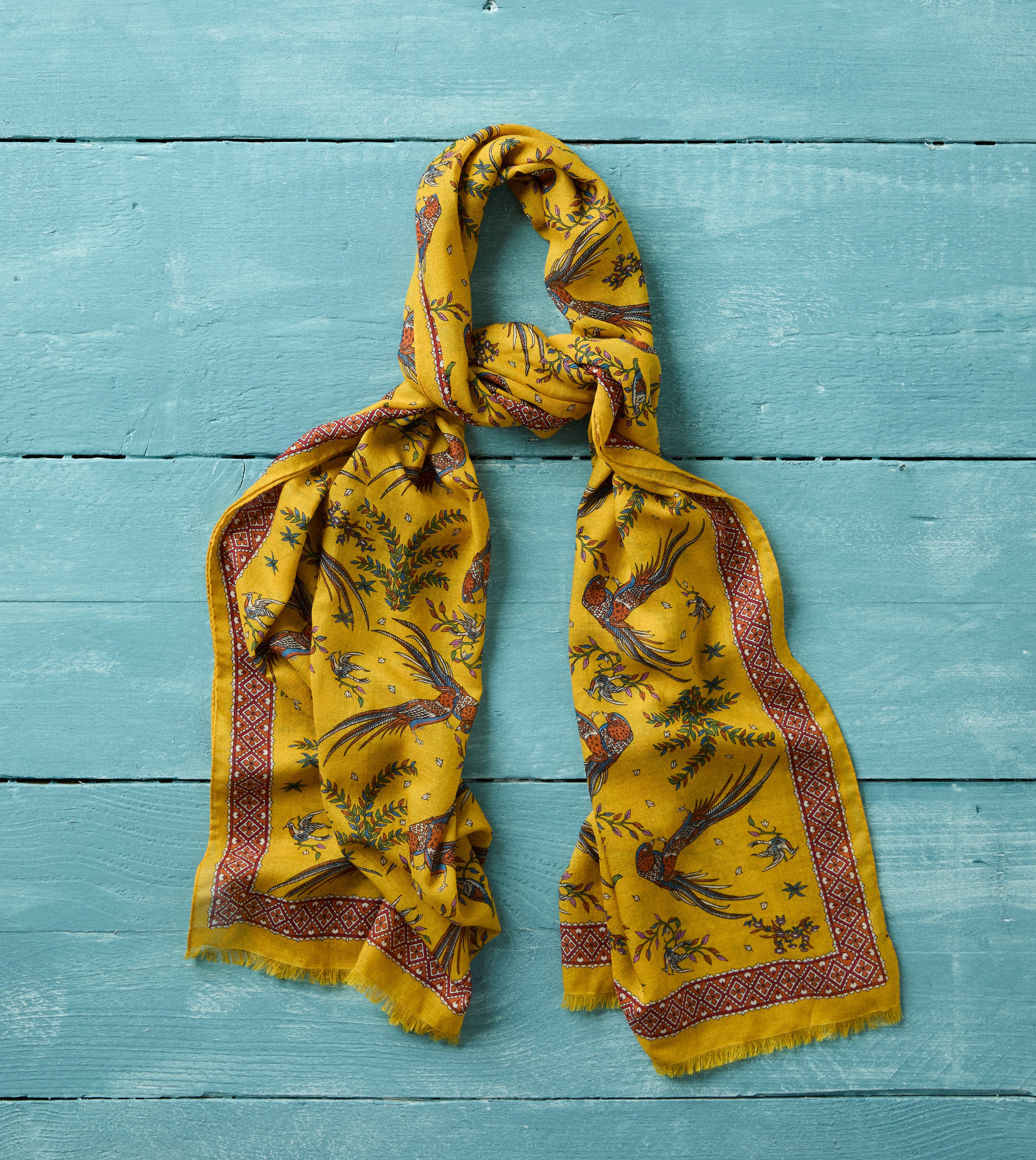 Yellow Birds of Paradise Print Wool Silk Scarf – Drakes US
