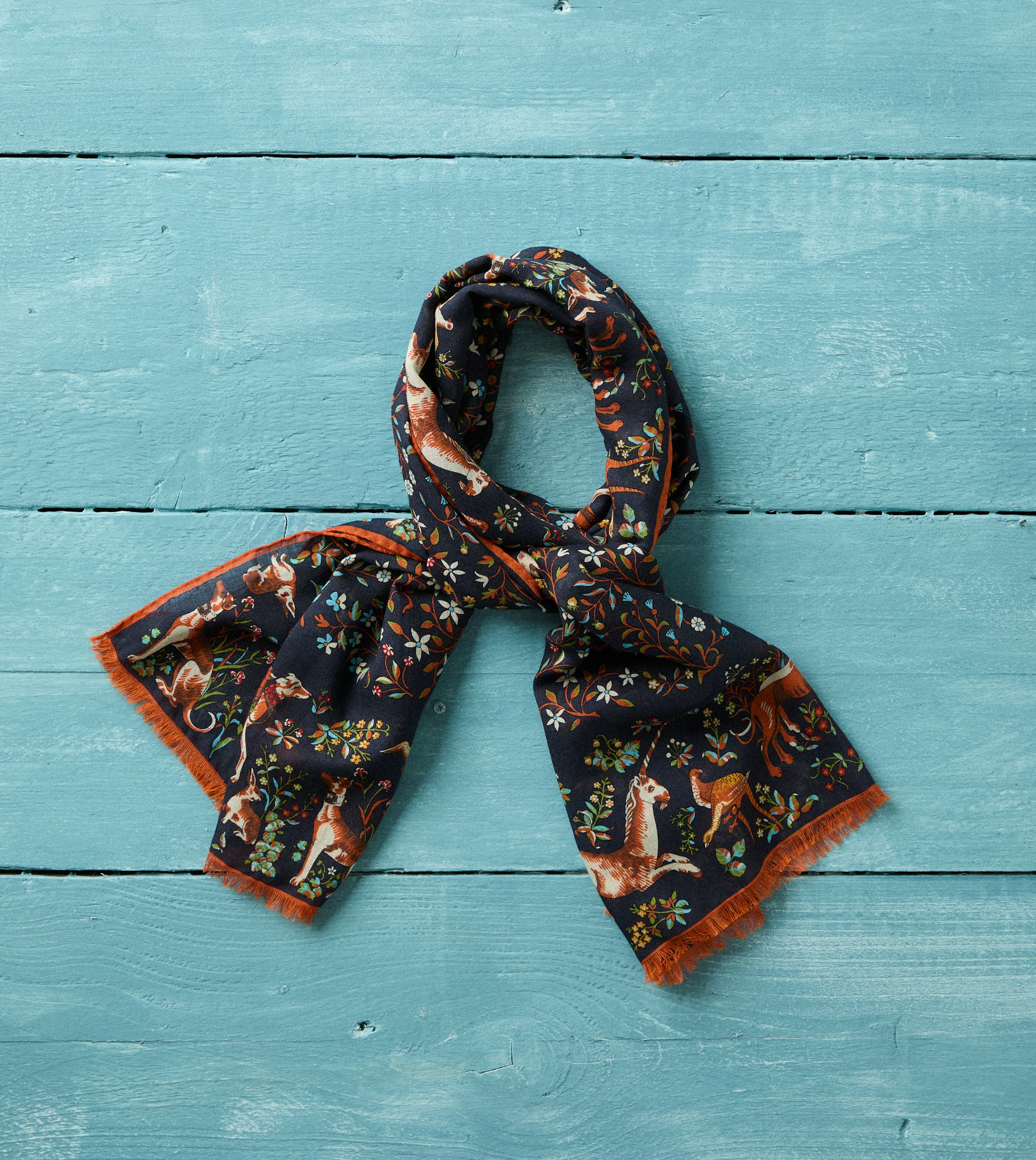 Navy Unicorn Garden Print Tubular Wool-Silk Scarf