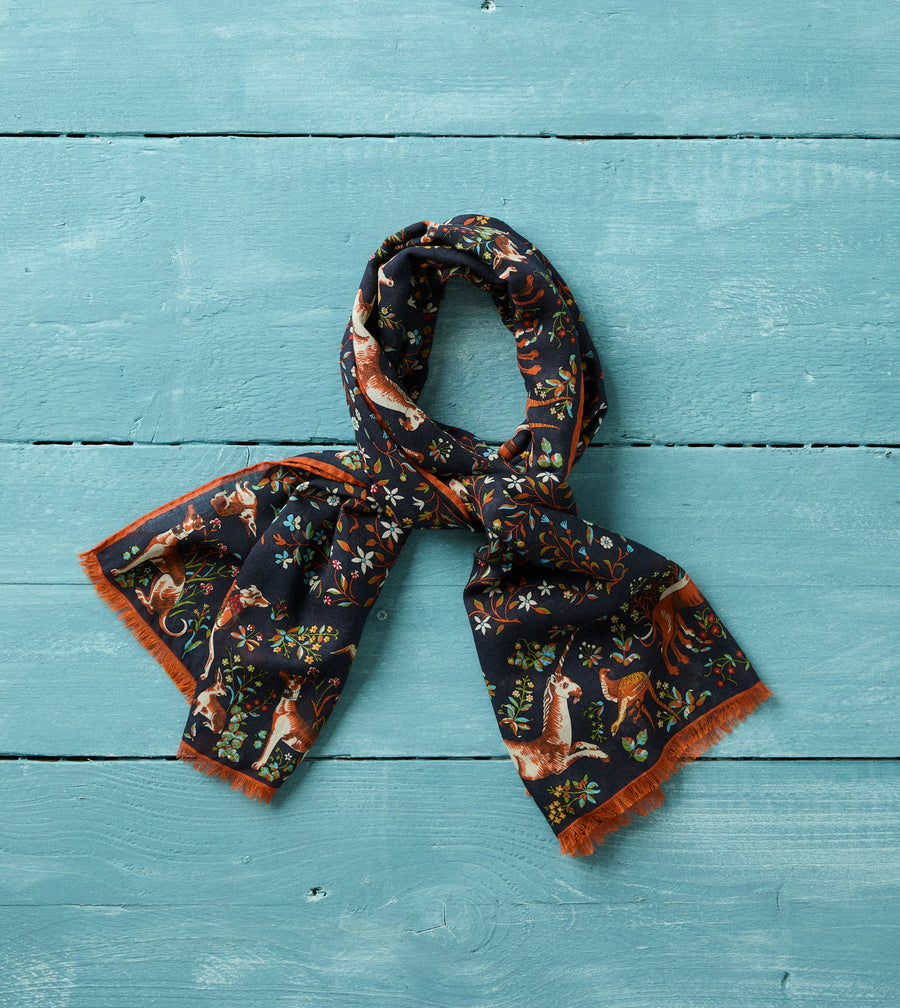 Navy Unicorn Garden Print Tubular Wool-Silk Scarf