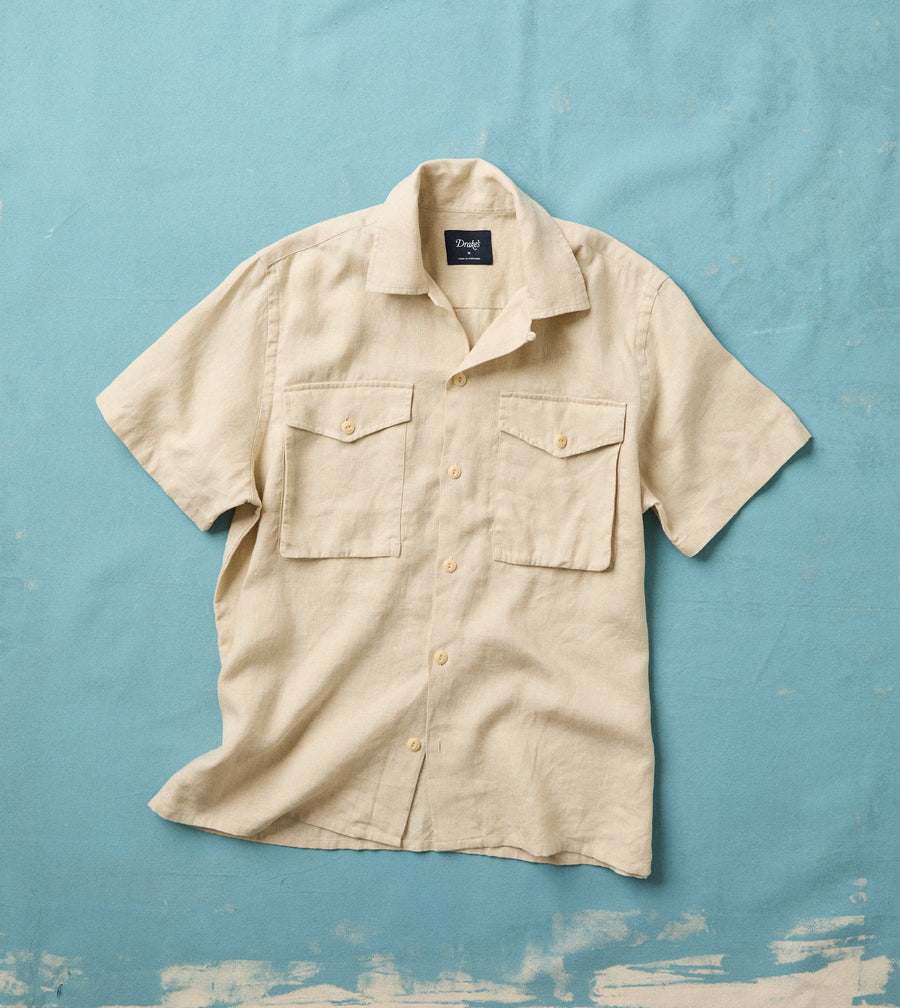 Ecru Linen Short Sleeve Camp Collar Military Shirt