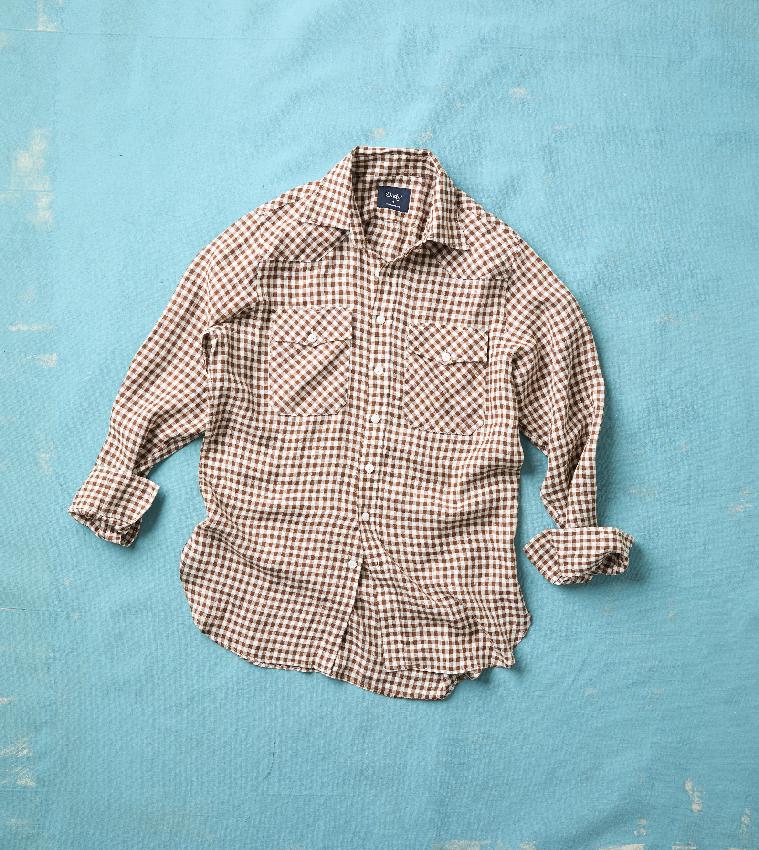 Brown Gingham Check Linen Two-Pocket Western Shirt – Drakes US