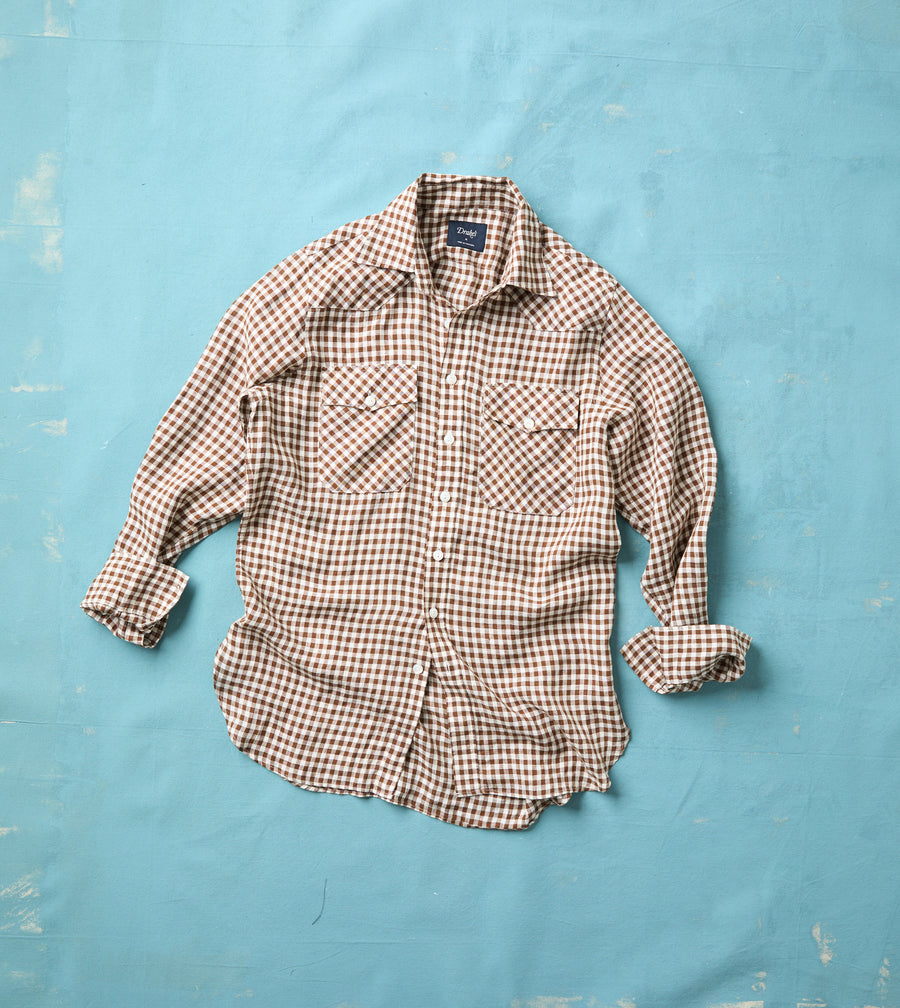 Brown Gingham Check Linen Two-Pocket Western Shirt