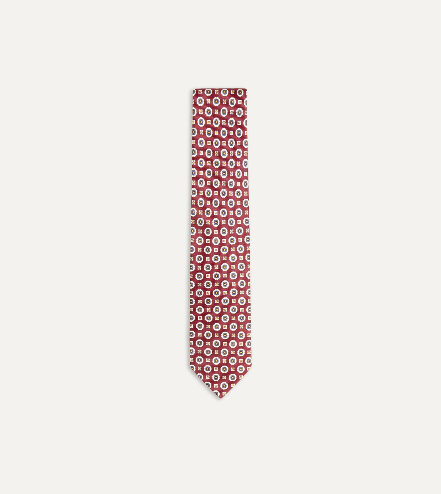 Red and Blue Geometric Medallion Print Silk Foulard Tie