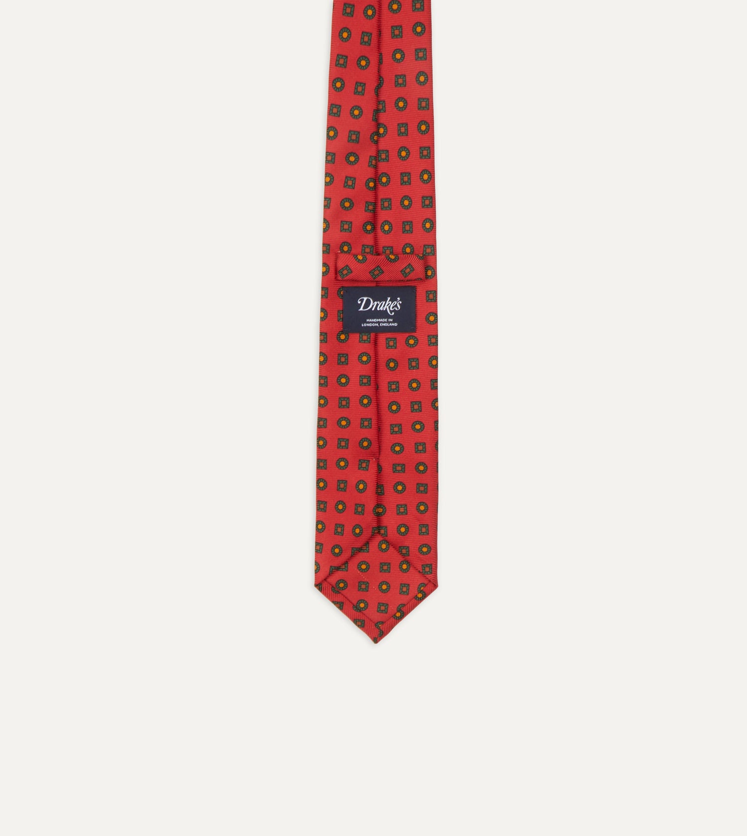 Red and Green Geometric Medallion Print Madder Twill Silk Tie