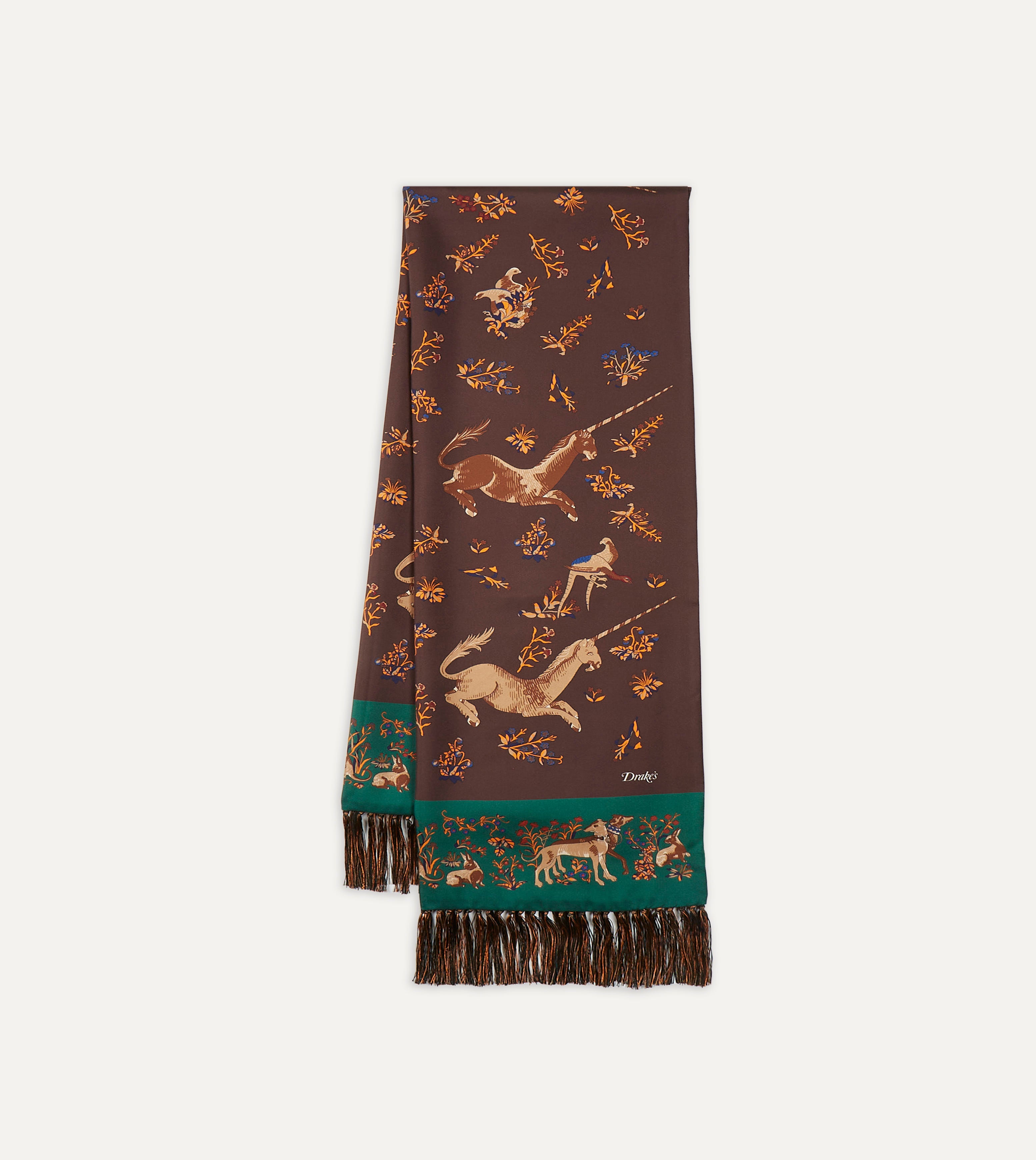 Brown Unicorn Print Tubular Silk Tasselled Scarf – Drakes US
