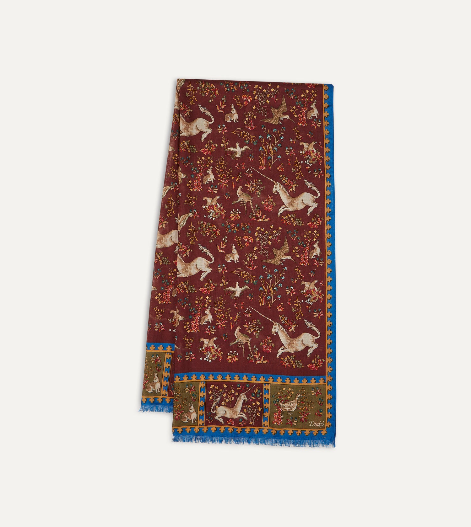 Burgundy Unicorn Print Wool-Silk Scarf