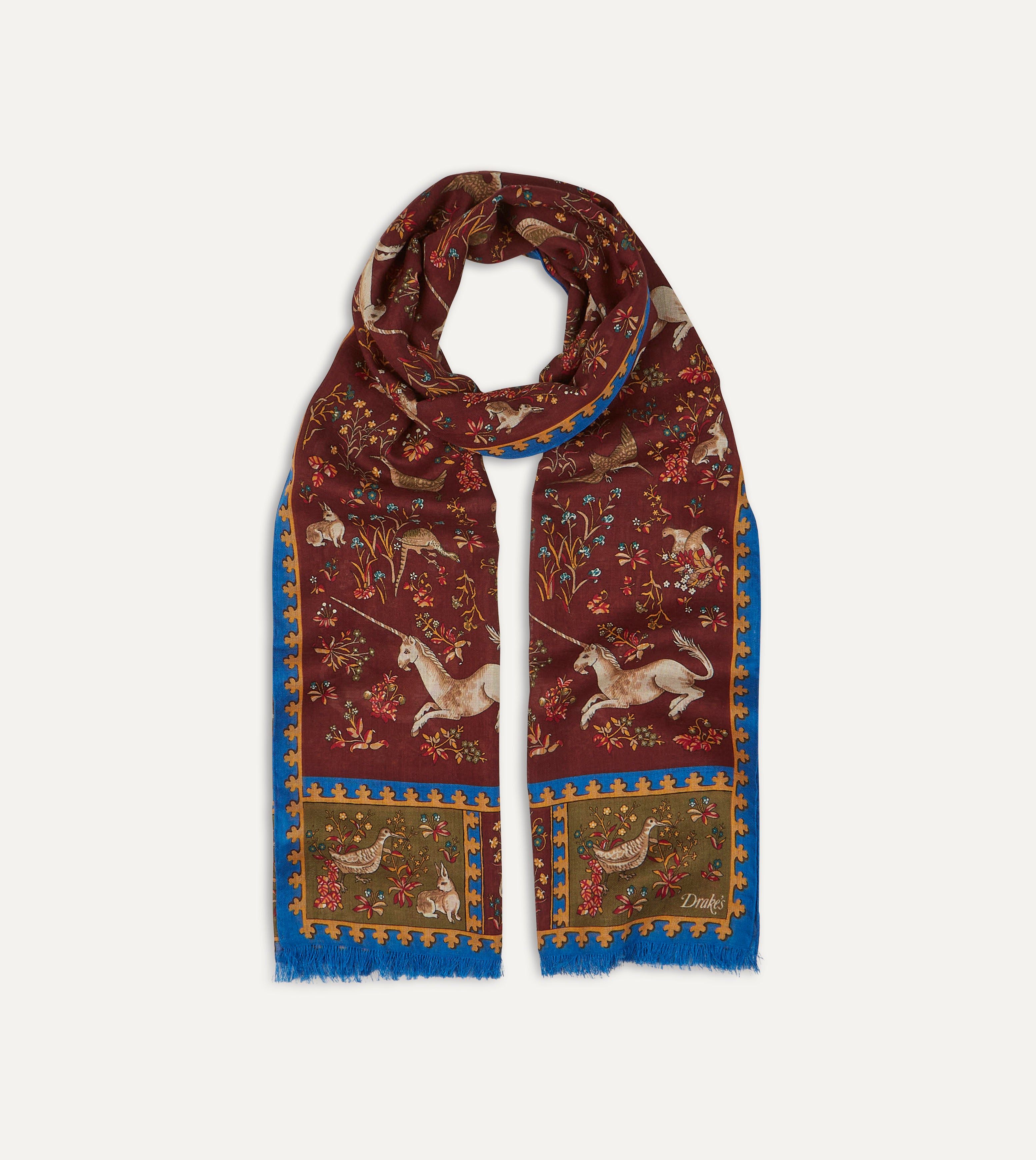 Burgundy Unicorn Print Wool-Silk Scarf – Drakes US