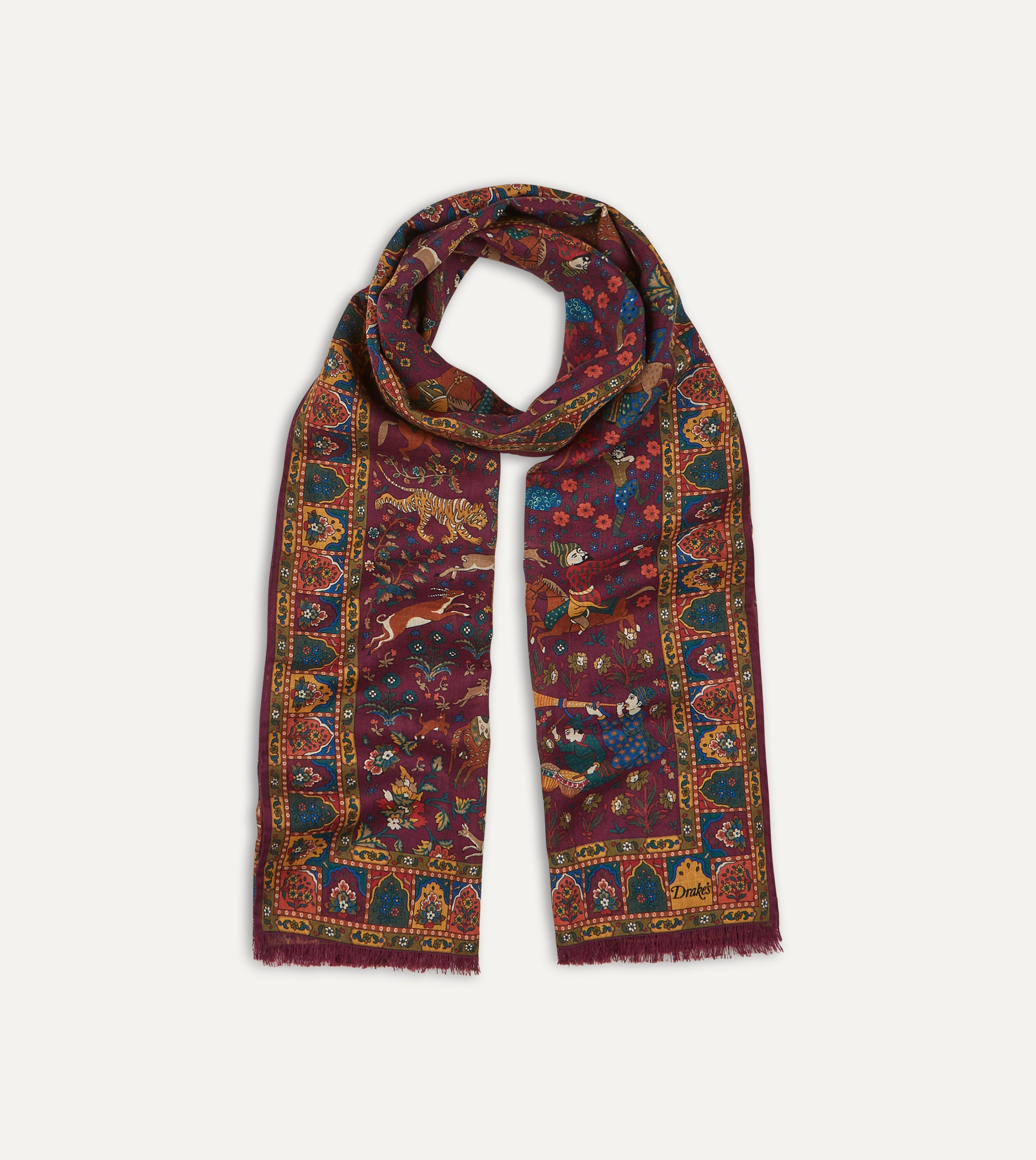 Magenta Mughal Hunter Print Wool-Silk Scarf – Drakes US