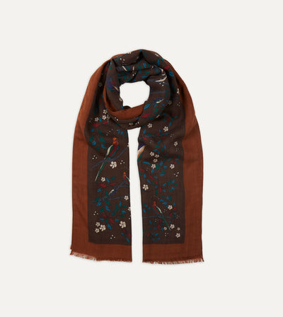 Brown Birds of Paradise Print Wool Scarf – Drakes US