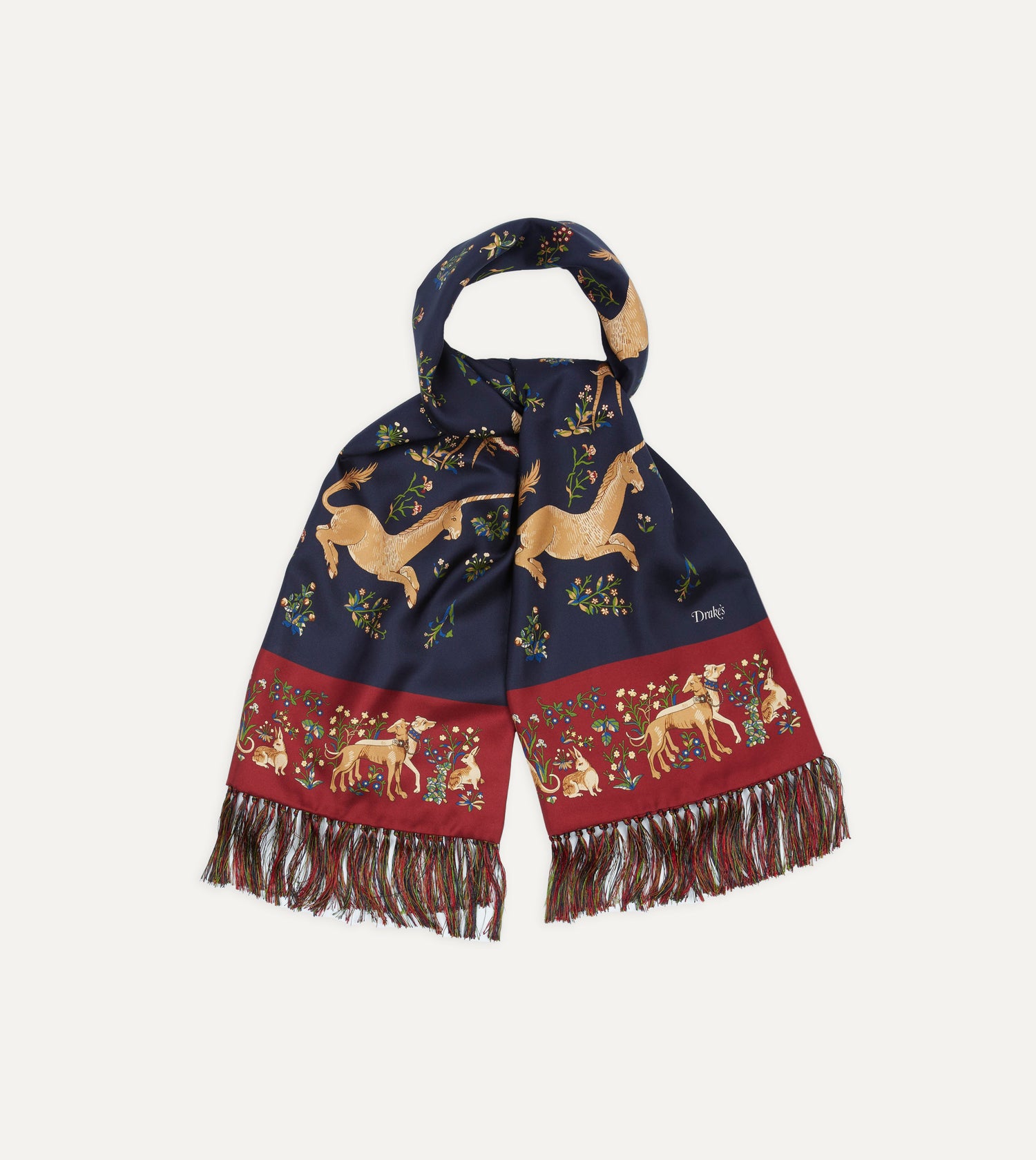 Navy Unicorn Print Tubular Silk Tasselled Scarf