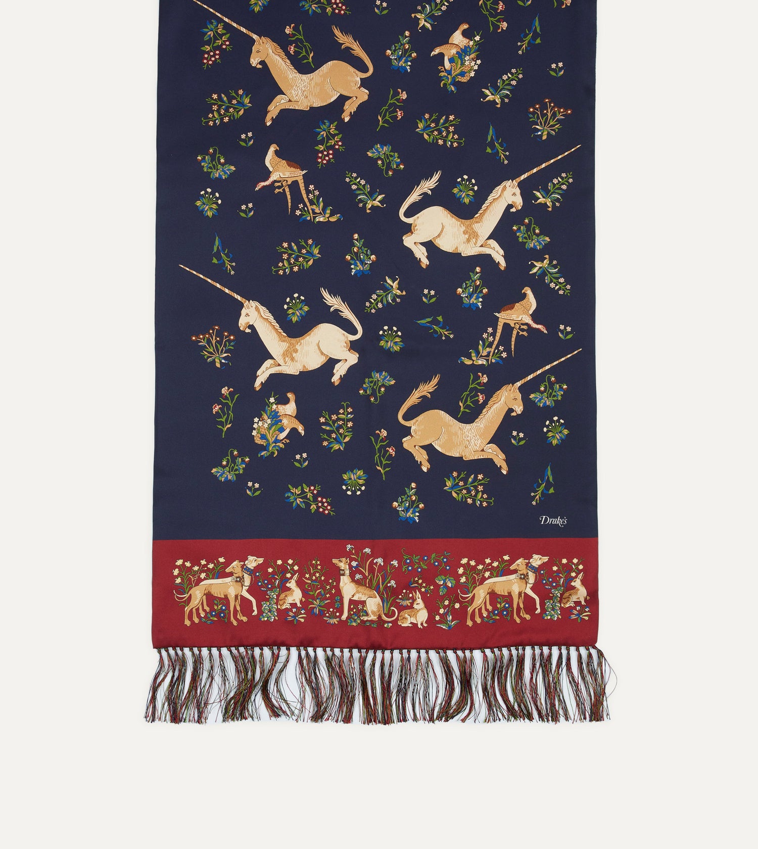 Navy Unicorn Print Tubular Silk Tasselled Scarf