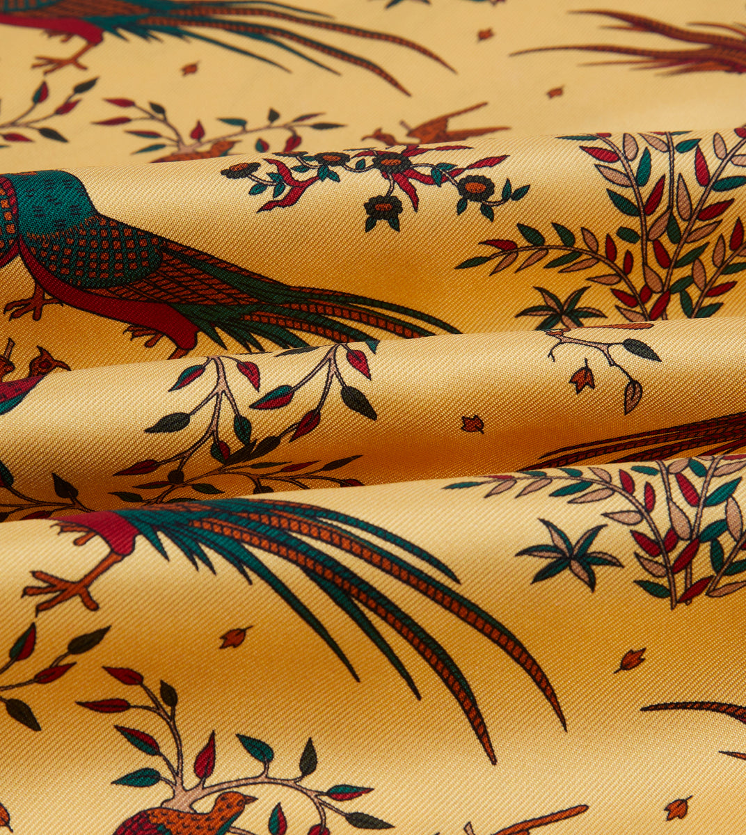 Gold Birds of Paradise Print Tubular Silk Tasselled Scarf – Drakes US
