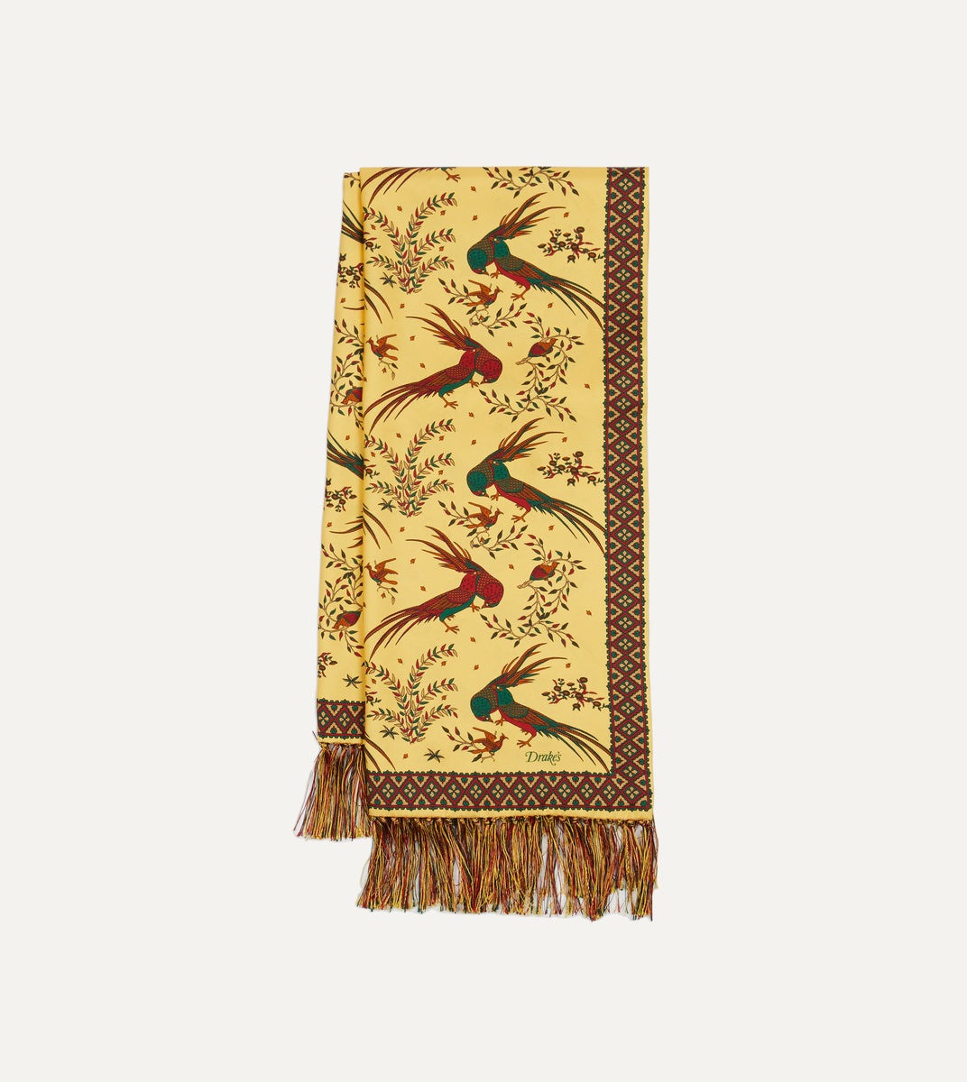 Gold Birds of Paradise Print Tubular Silk Tasselled Scarf – Drakes US