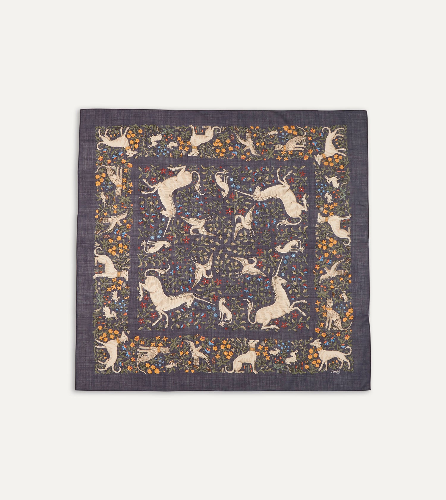 Navy Unicorn Print Wool-Silk Square Scarf