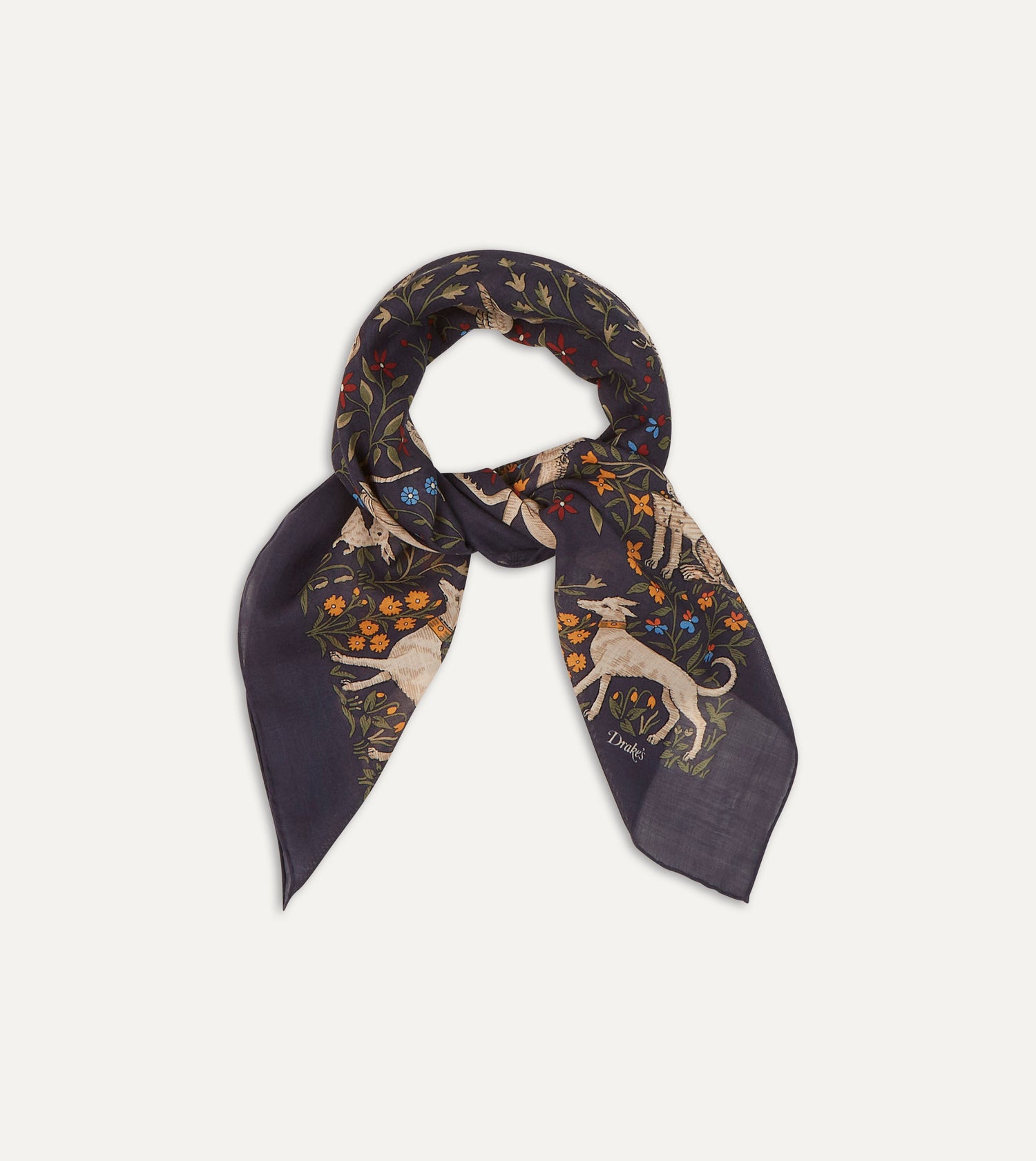 Navy Unicorn Print Wool-Silk Square Scarf