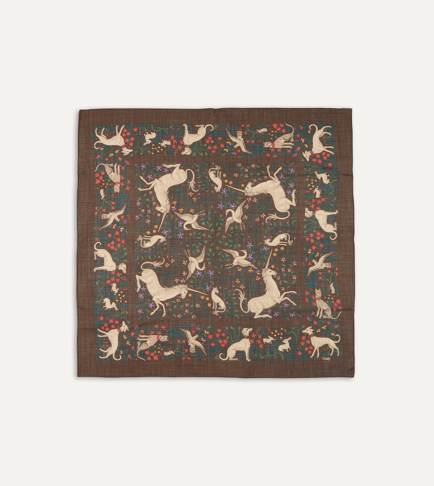 Brown Unicorn Print Wool-Silk Square Scarf