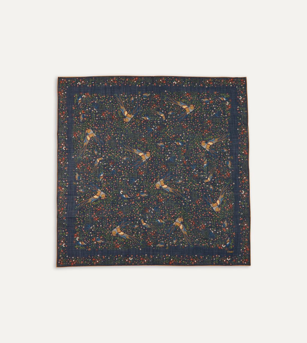[新品] 格安Drakes ネイビードット　スカーフ　65x65cm Navy Birds of Paradise Print Wool-Silk Square Scarf – Drakes US
