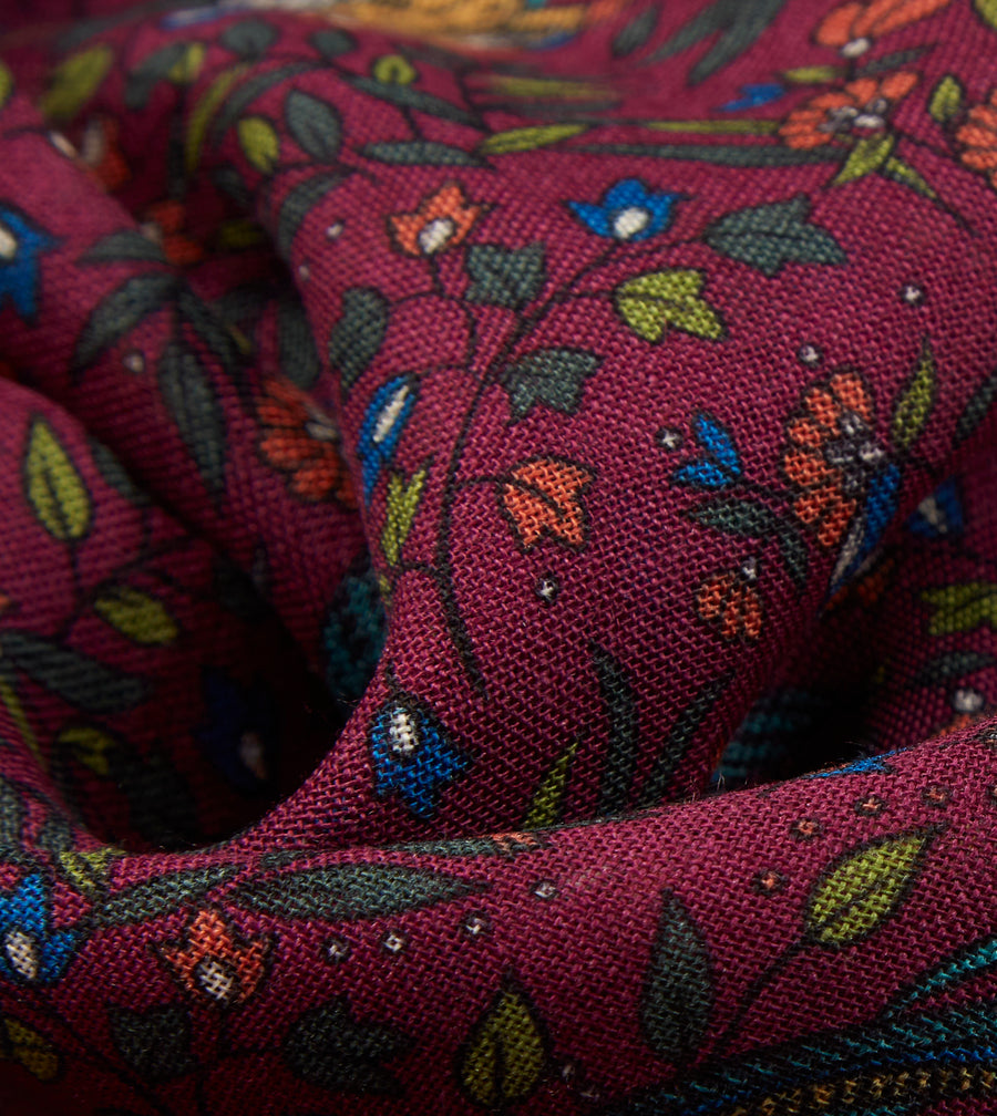 Magenta Birds of Paradise Print Wool-Silk Square Scarf