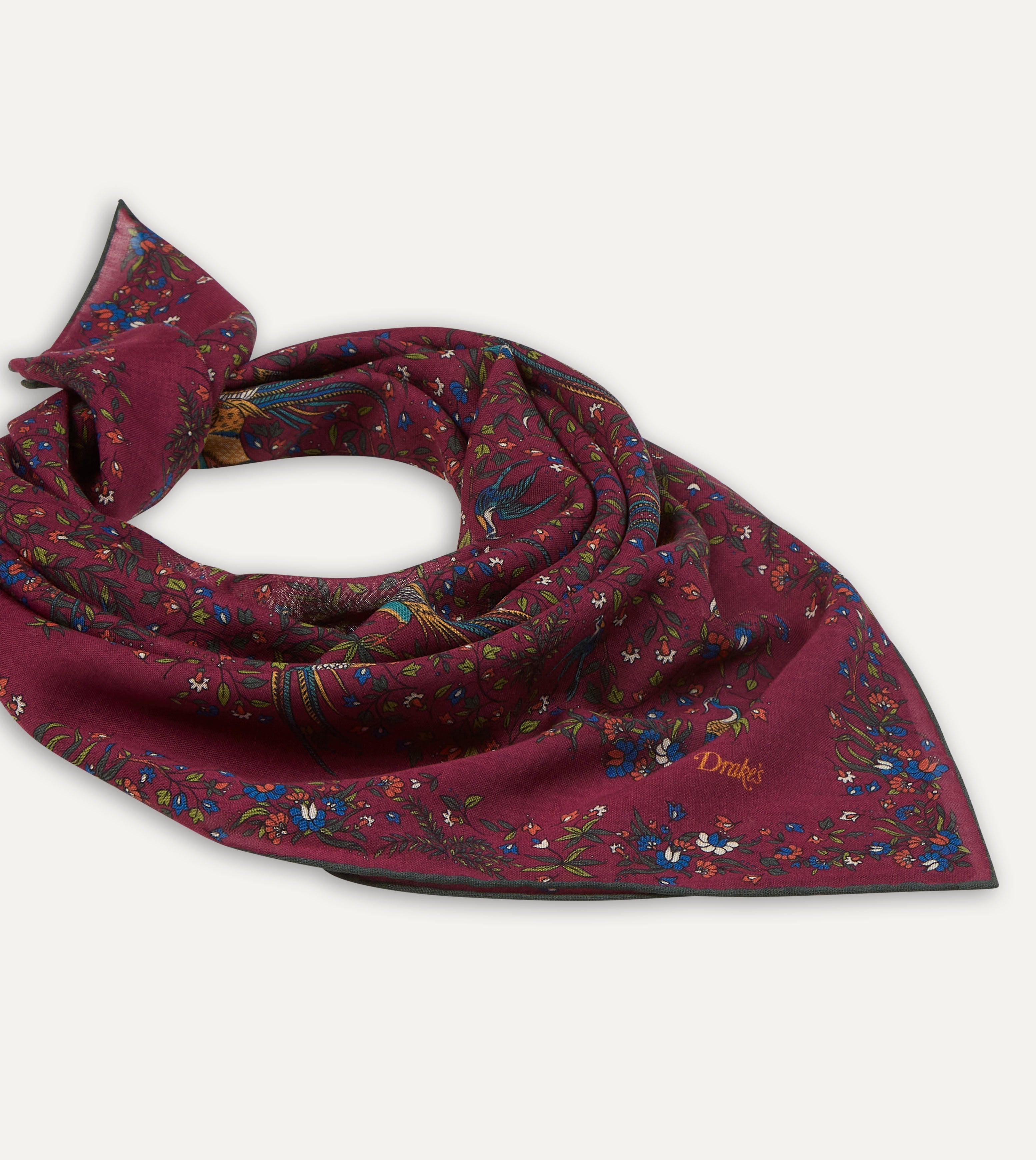 Magenta Birds of Paradise Print Wool-Silk Square Scarf – Drakes US