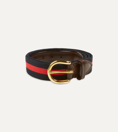 Navy and Red Stripe Webbing and Leather Belt with Brass Buckle – Drakes US
