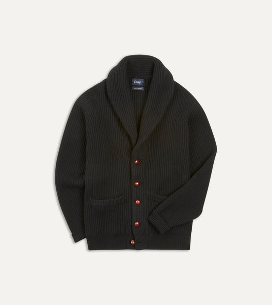 Black Lambswool Shawl Collar Cardigan – Drakes US