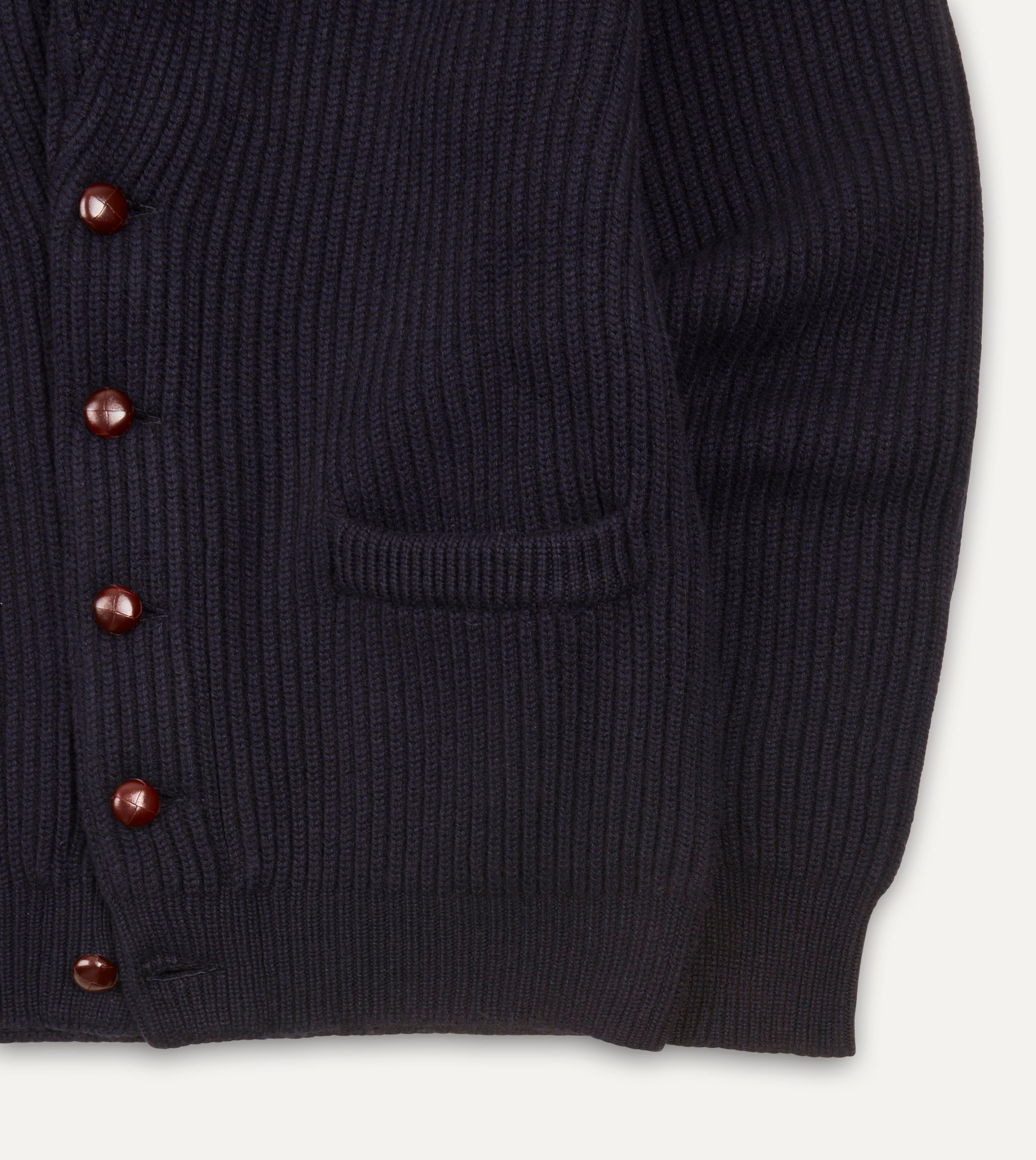 Navy Cashmere Shawl Collar Cardigan – Drakes US