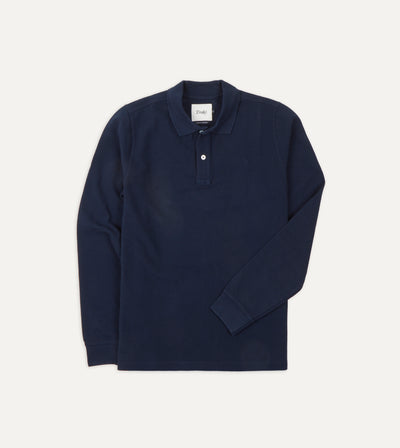Navy Pique Cotton Long-Sleeve Polo Shirt – Drakes US